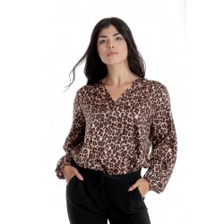 Bluza Dama cu Decolteu in V, Satin Leopard, Maro