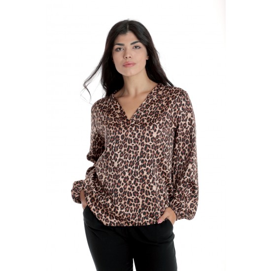 Bluza Dama cu Decolteu in V, Satin Leopard, Maro
