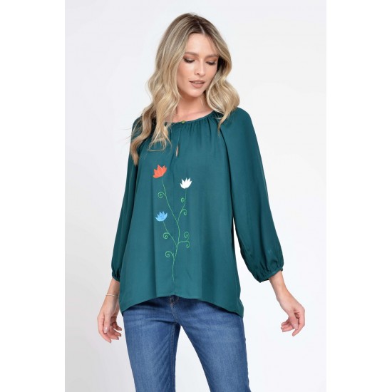 Bluza Dama cu Maneca 3 sferturi, Ampla, Verde cu pictura realizata manual