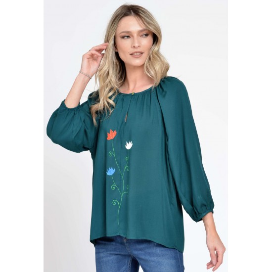 Bluza Dama cu Maneca 3 sferturi, Ampla, Verde cu pictura realizata manual