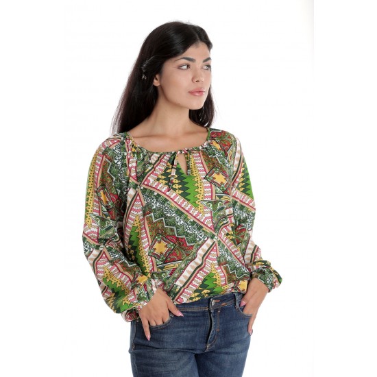 Bluza Dama, cu Maneca lunga tip IE, Verde cu Imprimeu Multicolor