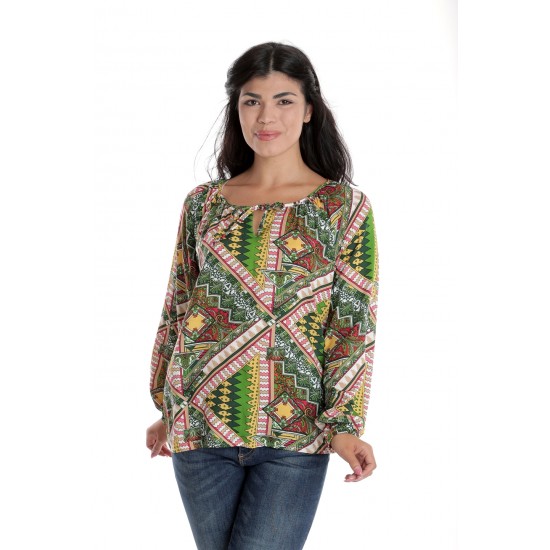 Bluza Dama, cu Maneca lunga tip IE, Verde cu Imprimeu Multicolor