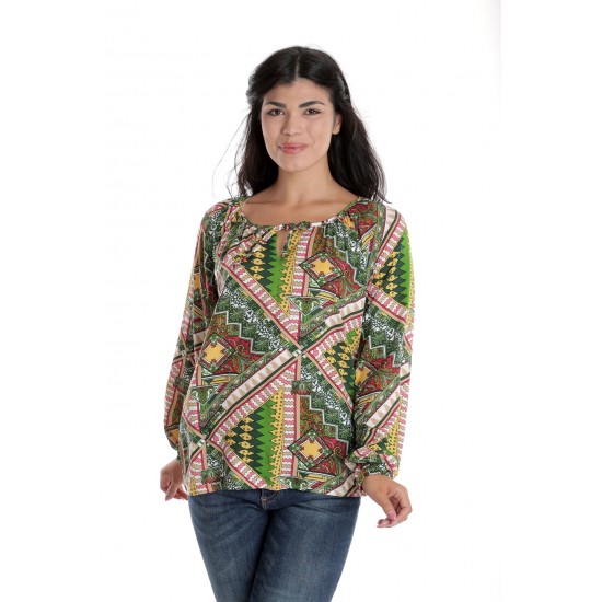 Bluza Dama cu Maneca lunga tip IE, Verde cu Imprimeu Multicolor