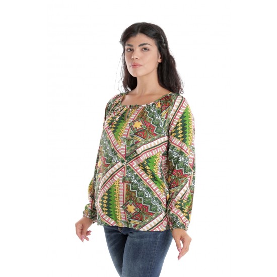 Bluza Dama, cu Maneca lunga tip IE, Verde cu Imprimeu Multicolor