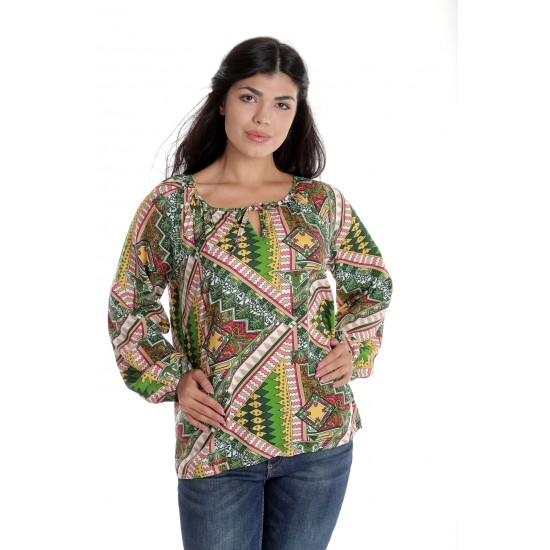 Bluza Dama cu Maneca lunga tip IE, Verde cu Imprimeu Multicolor