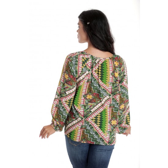 Bluza Dama, cu Maneca lunga tip IE, Verde cu Imprimeu Multicolor