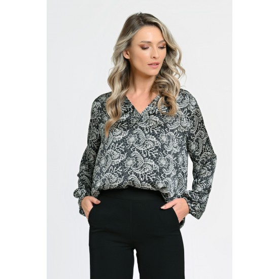 Bluza Dama cu Maneca lunga tip Kimono, Negru cu Alb stil Baroque