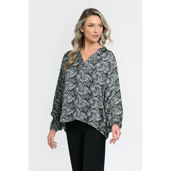 Bluza Dama cu Maneca lunga tip Kimono, Negru cu Alb stil Baroque