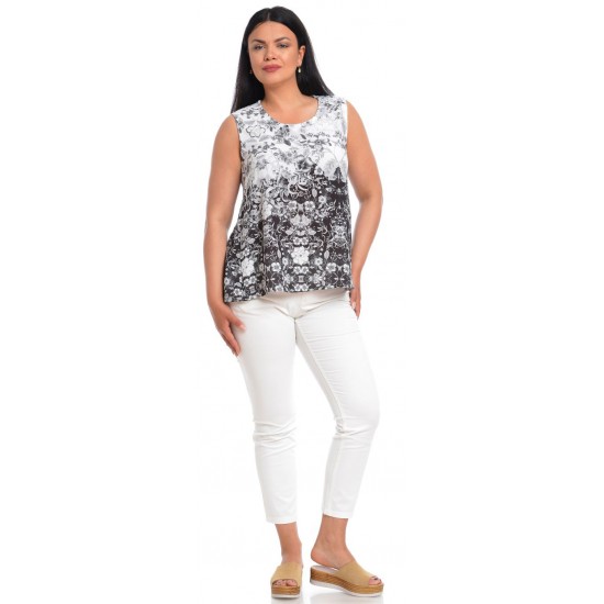 Bluza Dama fara Maneci Alb Negru cu Imprimeu Floral