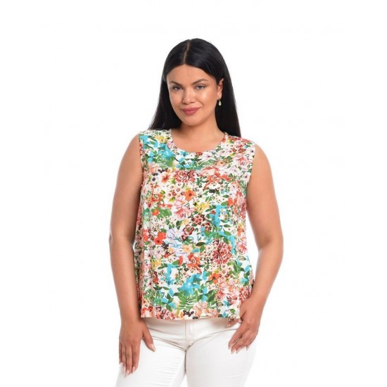 Bluza Dama fara Maneci cu Imprimeu Floral Albastru/ Portocaliu