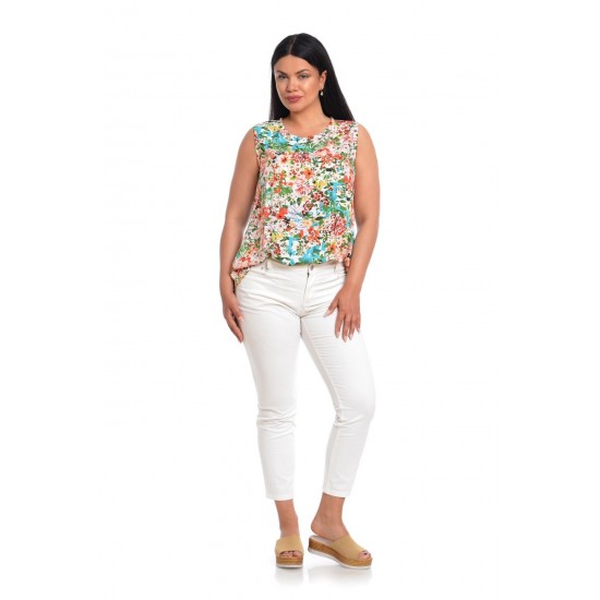 Bluza Dama fara Maneci cu Imprimeu Floral Albastru/ Portocaliu