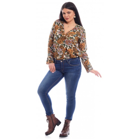 Bluza Dama Pliu cu Imprimeu Floral Maro