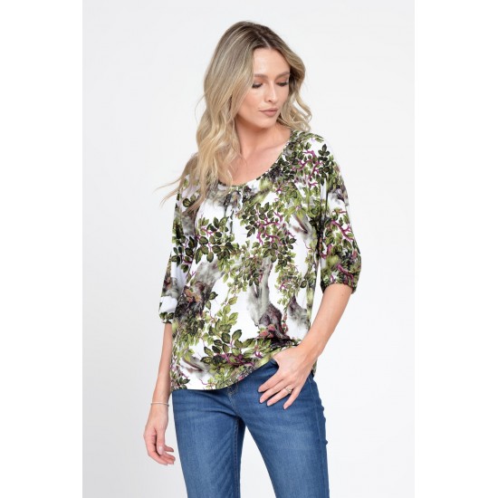 Bluza IE Dama cu Maneca 3 sferturi, model Floral, alb cu verde