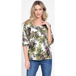 Bluza IE Dama cu Maneca 3 sferturi, model Floral, alb cu verde