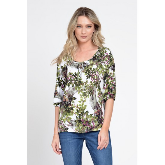 Bluza IE Dama cu Maneca 3 sferturi, model Floral, alb cu verde