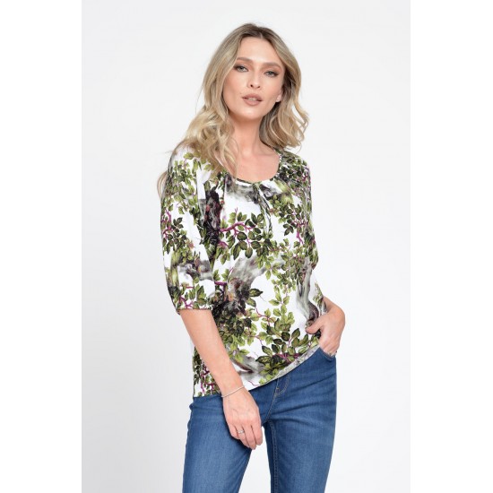 Bluza IE Dama cu Maneca 3 sferturi, model Floral, alb cu verde