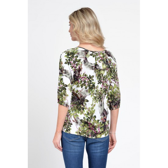 Bluza IE Dama cu Maneca 3 sferturi, model Floral, alb cu verde