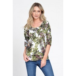 Bluza IE Dama cu Maneca 3 sferturi, model Floral, alb cu verde