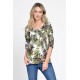 Bluza IE Dama cu Maneca 3 sferturi, model Floral, alb cu verde