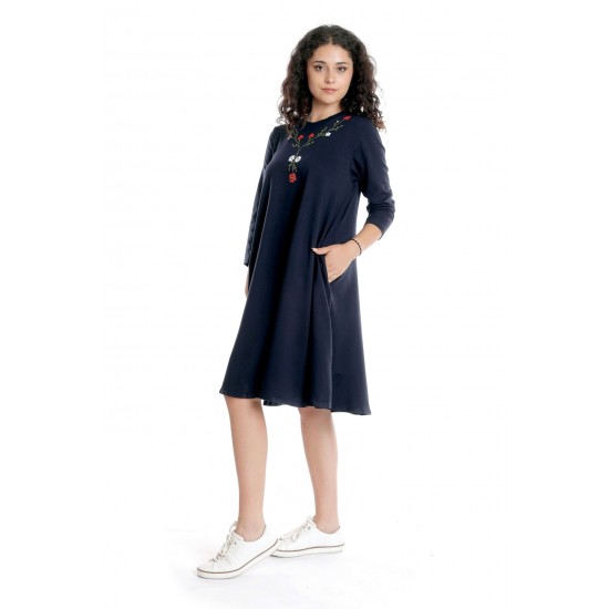 Rochie Dama Midi, Bleumarin cu maneci 3 sferturi si Pictura Manuala