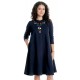 Rochie Dama Midi, Bleumarin cu maneci 3 sferturi si Pictura Manuala