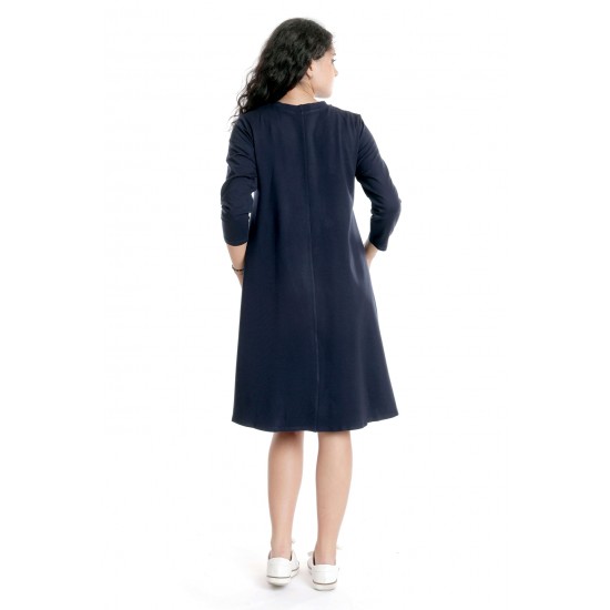 Rochie Dama Midi, Bleumarin cu maneci 3 sferturi si Pictura Manuala