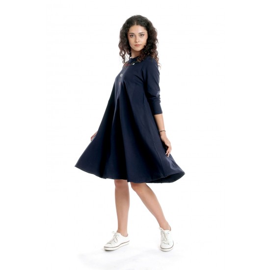Rochie Dama Midi, Bleumarin cu maneci 3 sferturi si Pictura Manuala