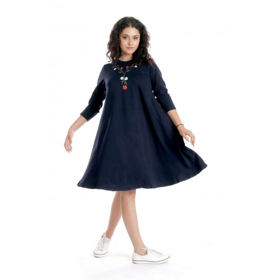 Rochie Dama Midi, Bleumarin cu maneci 3 sferturi si Pictura Manuala
