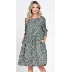 Rochie Dama Midi cu Buzunare, Verde cu Maneci 3 Sferturi si Microimprimeu Floral