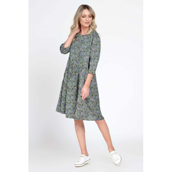Rochie Dama Midi cu Buzunare, Verde cu Maneci 3 Sferturi si Microimprimeu Floral