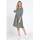 Rochie Dama Midi cu Buzunare, Verde cu Maneci 3 Sferturi si Microimprimeu Floral