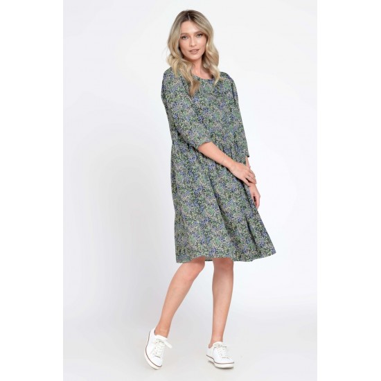 Rochie Dama Midi cu Buzunare, Verde cu Maneci 3 Sferturi si Microimprimeu Floral