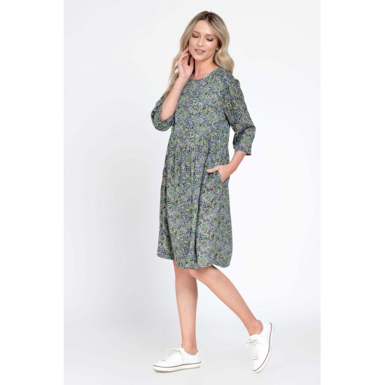 Rochie Dama Midi cu Buzunare, Verde cu Maneci 3 Sferturi si Microimprimeu Floral