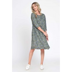 Rochie Dama Midi cu Buzunare, Verde cu Maneci 3 Sferturi si Microimprimeu Floral