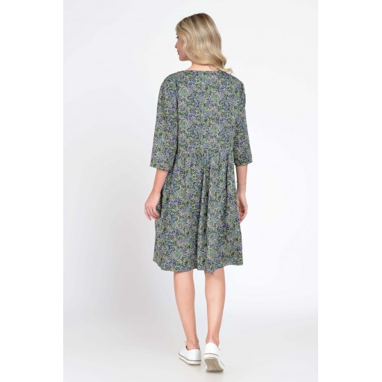 Rochie Dama Midi cu Buzunare, Verde cu Maneci 3 Sferturi si Microimprimeu Floral