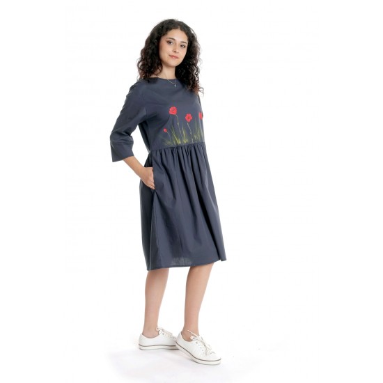 Rochie Dama Midi UNI, Pictata manual cu Maci, Gri antracit cu Maneci 3 Sferturi