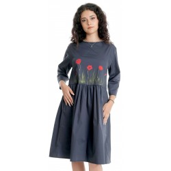 Rochie Dama Midi UNI, Pictata manual cu Maci, Gri antracit cu Maneci 3 Sferturi