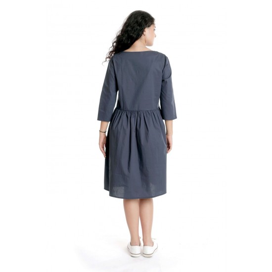 Rochie Dama Midi UNI, Pictata manual cu Maci, Gri antracit cu Maneci 3 Sferturi