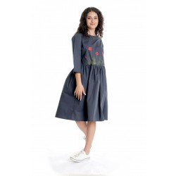 Rochie Dama Midi UNI, Pictata manual cu Maci, Gri antracit cu Maneci 3 Sferturi