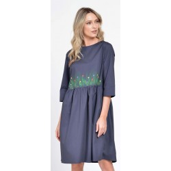 Rochie Dama Midi UNI, Pictata manual, Gri antracit cu Maneci 3 Sferturi