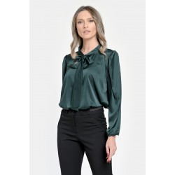 Bluza Dama din Satin, Verde inchis, Eleganta cu Funda V303