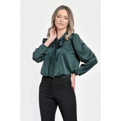 Bluza Dama din Satin, Verde inchis, Eleganta cu Funda V303