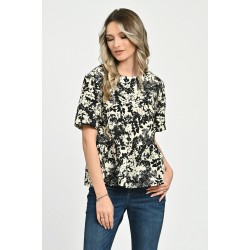 Bluza Dama, Peplum, din Viscoza, Crem cu Negru si model Floral