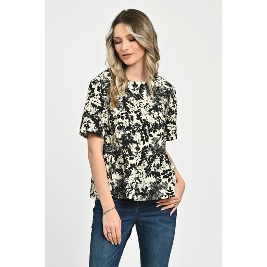 Bluza Dama, Peplum, din Viscoza, Crem cu Negru si model Floral