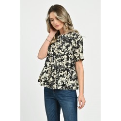 Bluza Dama, Peplum, din Viscoza, Crem cu Negru si model Floral