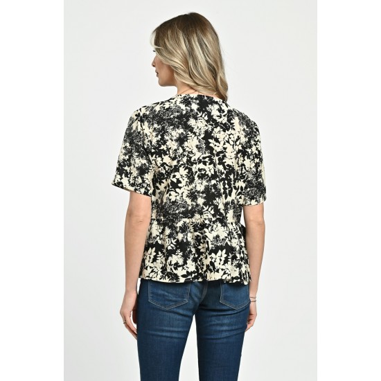Bluza Dama, Peplum, din Viscoza, Crem cu Negru si model Floral