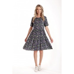 Rochie cu Volane Dama V277, Bleumarin Imprimeu Floral Lila