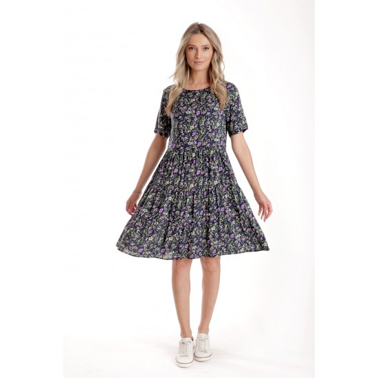 Rochie cu Volane Dama V277, Bleumarin Imprimeu Floral Lila