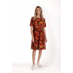 Rochie cu Volane Dama V279, Rosu cu imprimeu multicolor