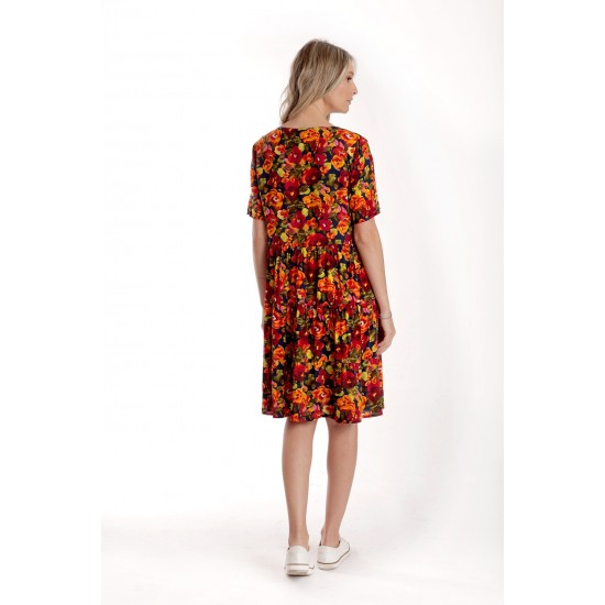 Rochie cu Volane Dama V279, Rosu cu imprimeu multicolor